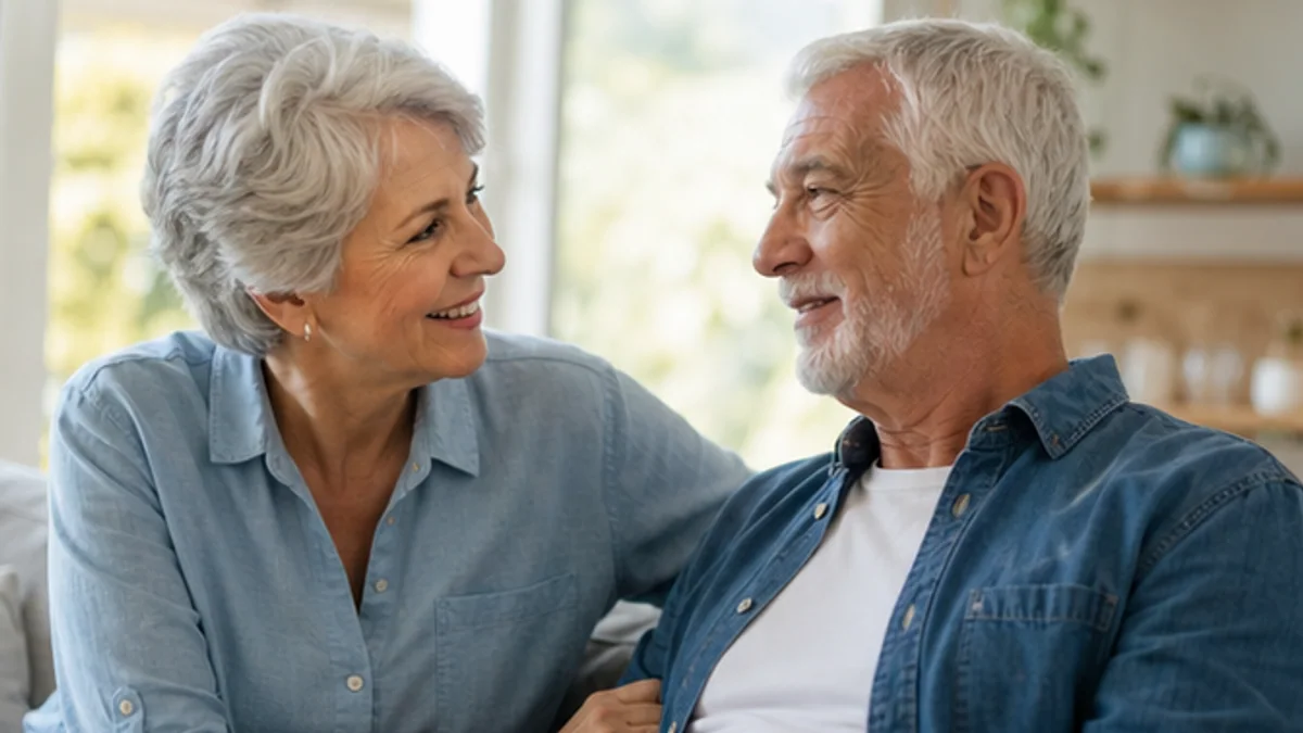 An adult child and parent talking easily across a kitchen table