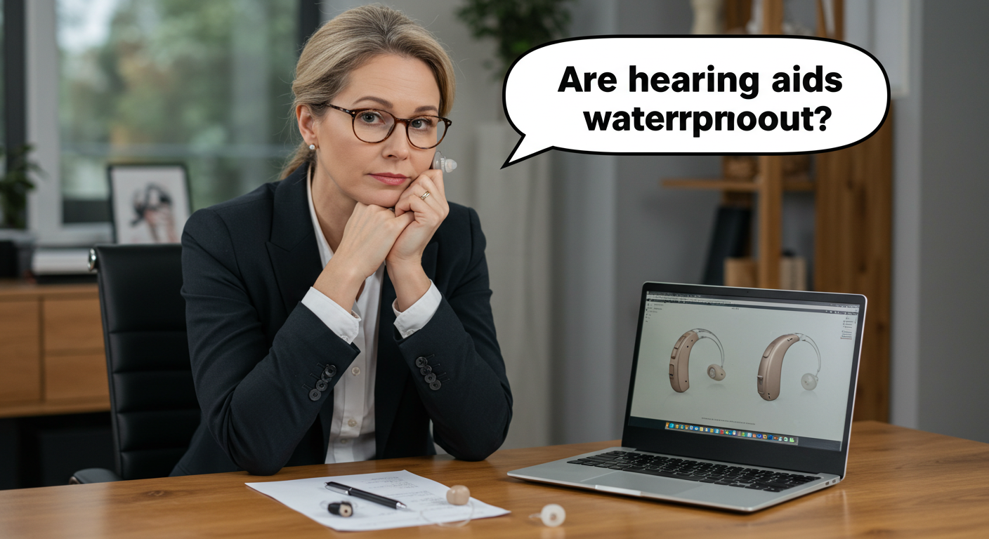 Hearing aids with water droplets demonstrating water resistance